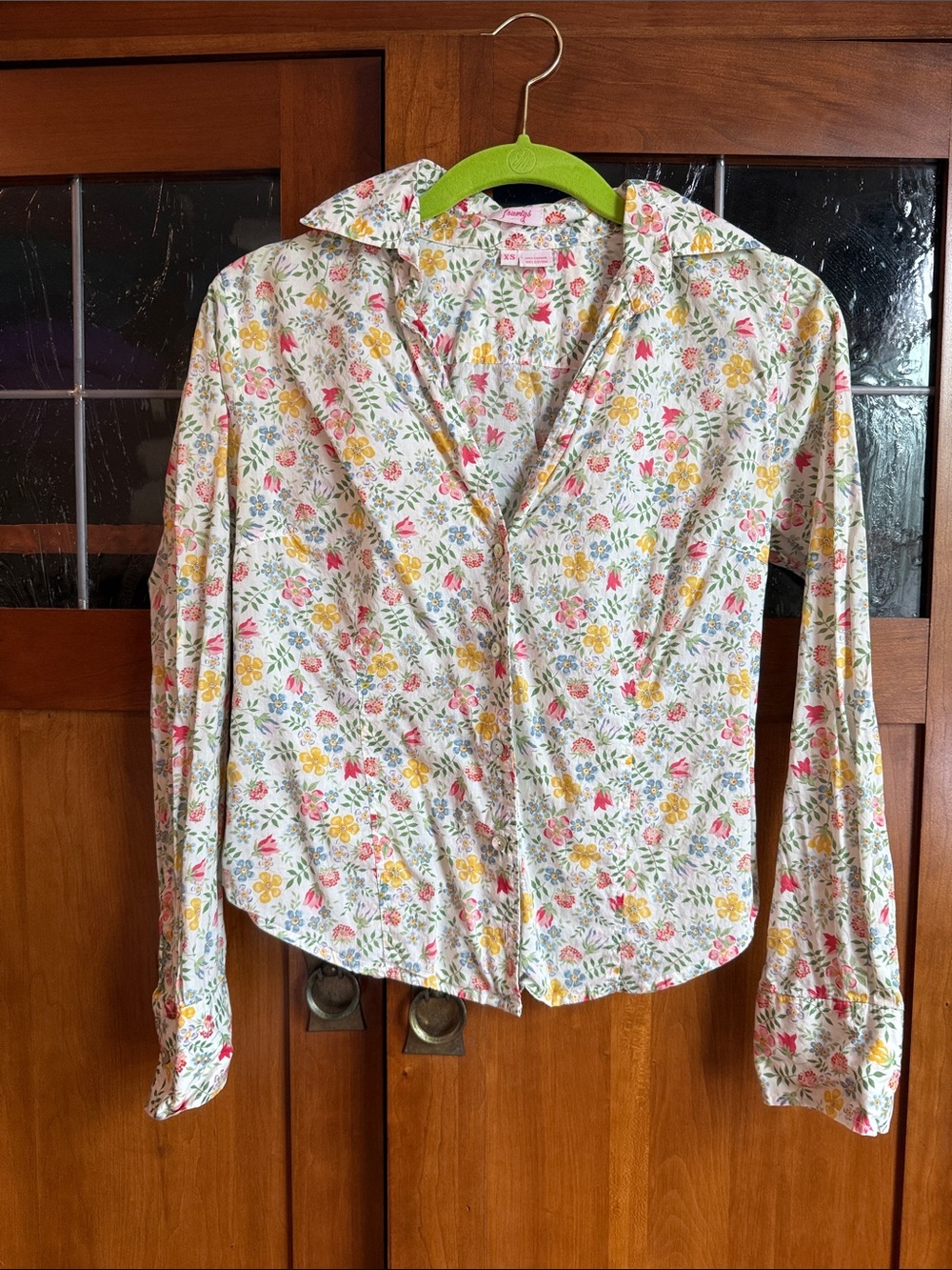 Women's Floral Button-Down Shirt - White with Pink & Yellow Floral Print